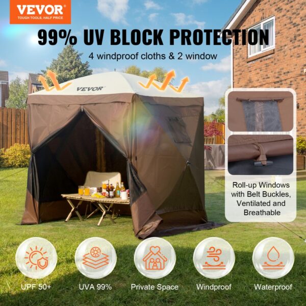 VEVOR Pop-Up-Pavillonzelt, Pop-Up-Zelt mit 4-seitigem Baldachin, Sonnenschutz mit 4 abnehmbaren Sichtschutz-Windtüchern und Netzfenstern, 6 x 6 Fuß, Schnellaufbau-Zelt mit Moskitonetz, braun – Bild 2