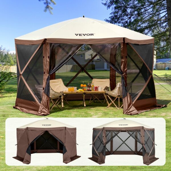 VEVOR Pop-Up-Pavillonzelt, Pop-Up-Zelt mit 6-seitigem Baldachin, Sonnenschutz mit 6 abnehmbaren Sichtschutz-Windtüchern und Netzfenstern, 12,5 x 12,5 Fuß, Schnellaufbau-Zelt mit Moskitonetz, braun