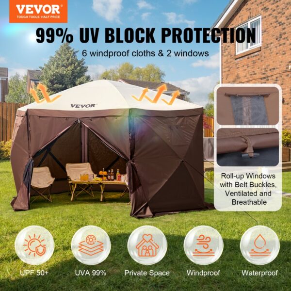 VEVOR Pop-Up-Pavillonzelt, Pop-Up-Zelt mit 6-seitigem Baldachin, Sonnenschutz mit 6 abnehmbaren Sichtschutz-Windtüchern und Netzfenstern, 12,5 x 12,5 Fuß, Schnellaufbau-Zelt mit Moskitonetz, braun – Bild 2