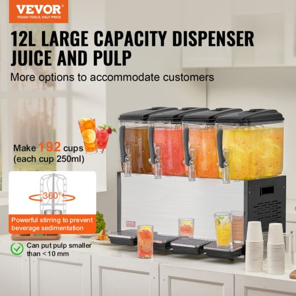 VEVOR kommerzieller Getränkespender mit 4 Tanks, Saftspender 12 L (pro Tank), 510 W Edelstahl Eistee-Getränkeautomat mit 7–12 °C Kühltemperatur, für Kaltgetränke Restaurant Bar Party Buffet Catering – Bild 2