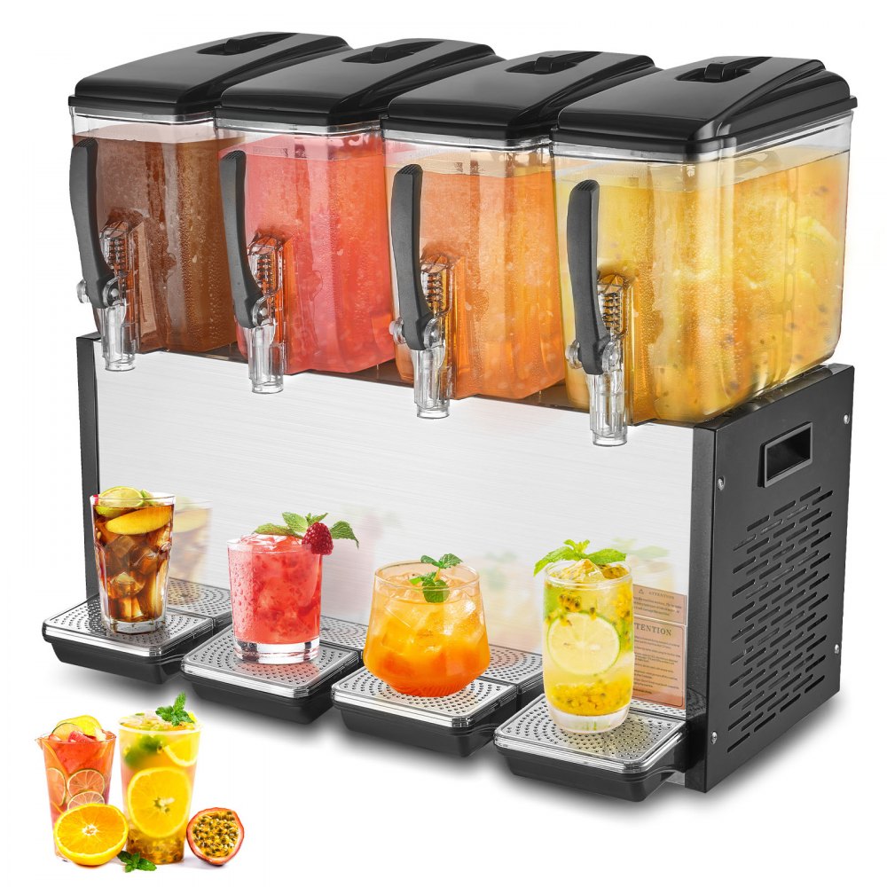 VEVOR kommerzieller Getränkespender mit 4 Tanks, Saftspender 12 L (pro Tank), 510 W Edelstahl Eistee-Getränkeautomat mit 7–12 °C Kühltemperatur, für Kaltgetränke Restaurant Bar Party Buffet Catering