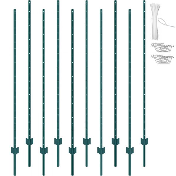 VEVOR 6 Fuß Zaunpfosten, 10er-Pack T-Pfosten Hochleistungs-Zaunpfosten aus Metall, stabile Zaunpfähle aus Stahl für Gartenhof, Rasen, Bauernhöfe und Maschendrahtzäune im Freien, grün