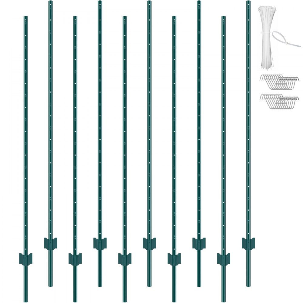 VEVOR 6 Fuß Zaunpfosten, 10er-Pack T-Pfosten Hochleistungs-Zaunpfosten aus Metall, stabile Zaunpfähle aus Stahl für Gartenhof, Rasen, Bauernhöfe und Maschendrahtzäune im Freien, grün