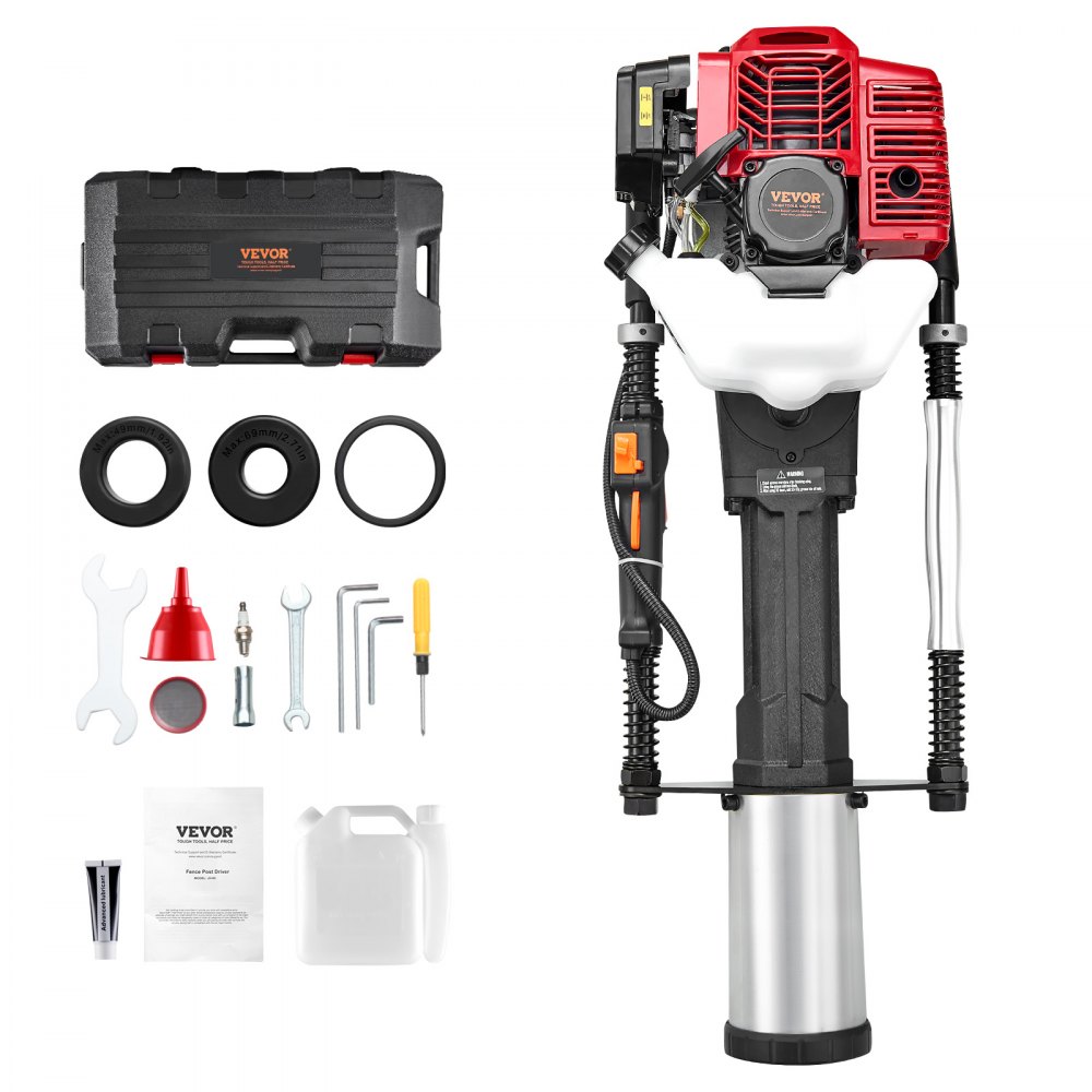 VEVOR 52ccm T-Pfostenramme mit Benzinantrieb, Zaunramme mit 2-Takt-Motor, tragbare 1400-W-Pfostenramme mit 3 Pfosten-Rammköpfen (49/69/100 mm), für Bauernhöfe, Ranchzäune, Straßenverbesserungen