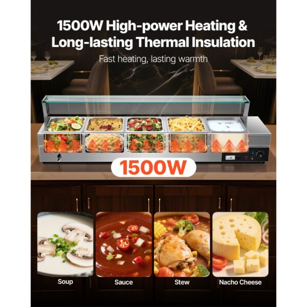 VEVOR kommerzieller Speisenwärmer, elektrischer Dampftisch mit 5 Behältern 1500 W, professionelles Buffet-Wasserbad aus Edelstahl mit Temperaturregelung von 30–80 °C für Catering Buffets Partys – Bild 2