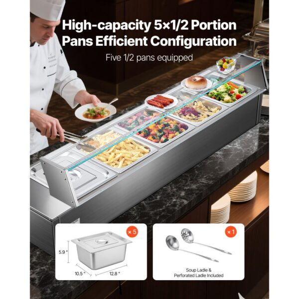 VEVOR kommerzieller Speisenwärmer, elektrischer Dampftisch mit 5 Behältern 1500 W, professionelles Buffet-Wasserbad aus Edelstahl mit Temperaturregelung von 30–80 °C für Catering Buffets Partys – Bild 3