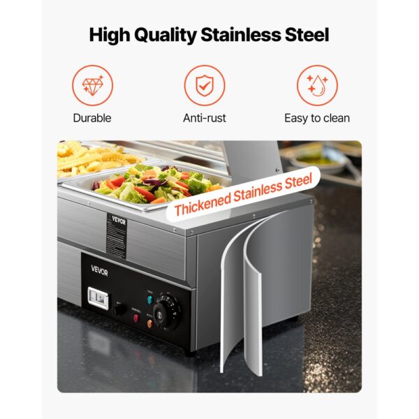 VEVOR kommerzieller Speisenwärmer, elektrischer Dampftisch mit 5 Behältern 1500 W, professionelles Buffet-Wasserbad aus Edelstahl mit Temperaturregelung von 30–80 °C für Catering Buffets Partys – Bild 5