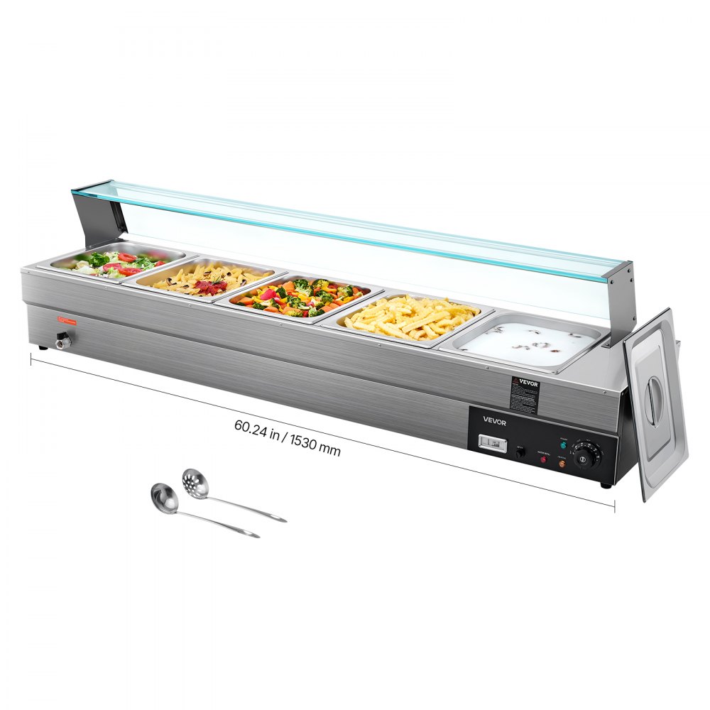 VEVOR kommerzieller Speisenwärmer, elektrischer Dampftisch mit 5 Behältern 1500 W, professionelles Buffet-Wasserbad aus Edelstahl mit Temperaturregelung von 30–80 °C für Catering Buffets Partys