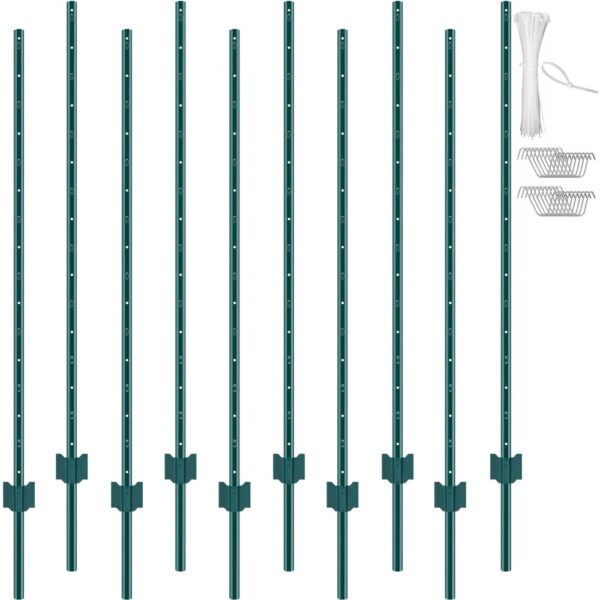 VEVOR 5 Fuß Zaunpfosten, 10er-Pack T-Pfosten Hochleistungs-Zaunpfosten aus Metall, stabile Zaunpfähle aus Stahl für Gartenhof, Rasen, Bauernhöfe und Maschendrahtzäune im Freien, grün