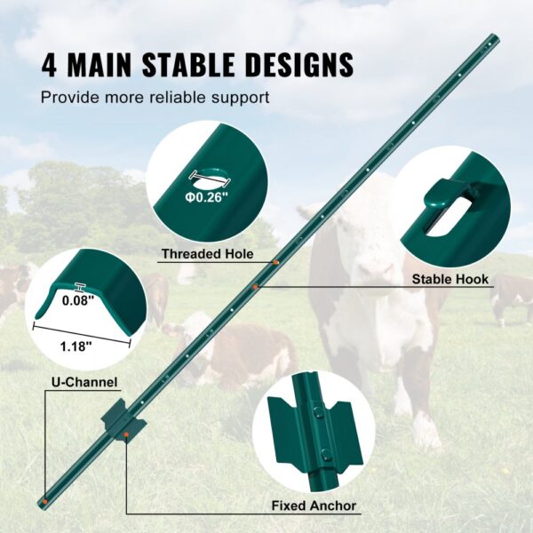 VEVOR 5 Fuß Zaunpfosten, 10er-Pack T-Pfosten Hochleistungs-Zaunpfosten aus Metall, stabile Zaunpfähle aus Stahl für Gartenhof, Rasen, Bauernhöfe und Maschendrahtzäune im Freien, grün – Bild 4
