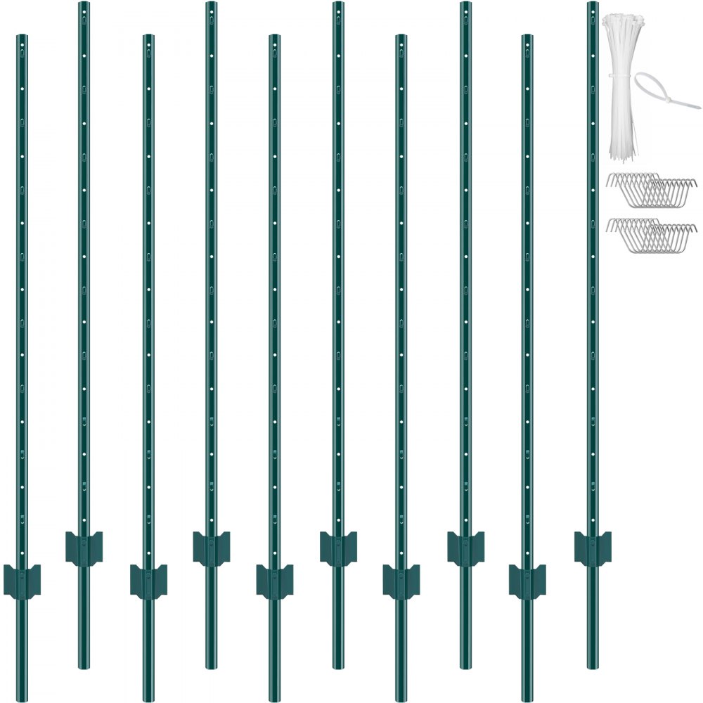VEVOR 5 Fuß Zaunpfosten, 10er-Pack T-Pfosten Hochleistungs-Zaunpfosten aus Metall, stabile Zaunpfähle aus Stahl für Gartenhof, Rasen, Bauernhöfe und Maschendrahtzäune im Freien, grün