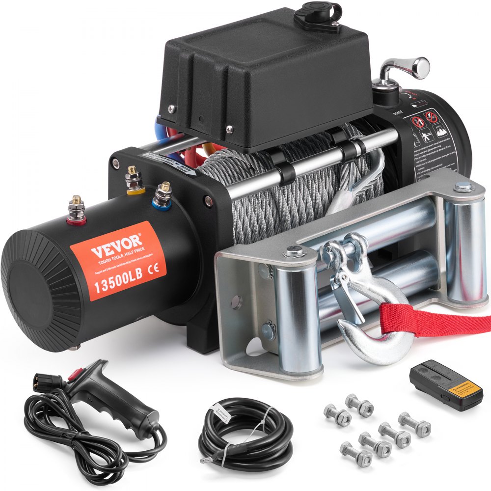 VEVOR Elektrische Seilwinde, 13.500 lb, 12 V DC LKW-Winde mit Φ3/8 Zoll x 80 Fuß Stahlkabel-Rollenführung, kabellose und kabelgebundene Fernbedienung, IP55 wasserdicht zum Abschleppen von Geländewagen, Jeeps, LKWs, Anhängern und Booten
