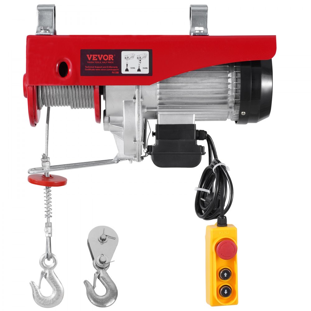 VEVOR Elektrische Seilwinde, 1200 kg Motorwinde mit 4,2 m kabelgebundener Fernbedienung, 12 m Hubhöhe mit Einzelkabel, Einzel-/Doppelschlingen, Not-Aus, Hebezeug für Garage, Lager, Fabrik