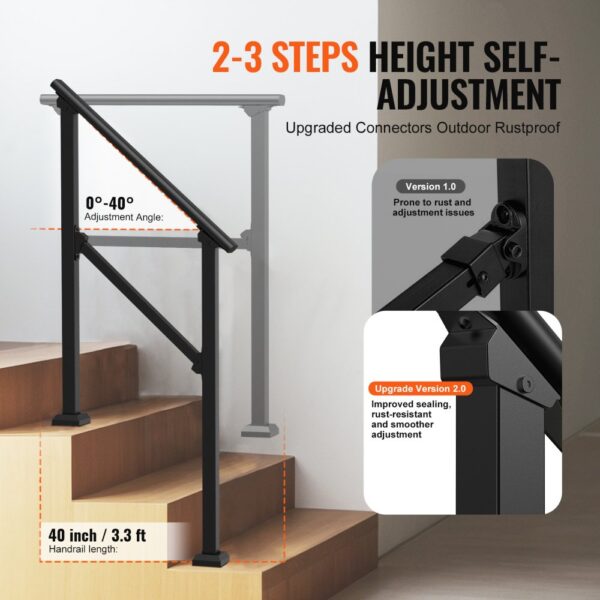 VEVOR Handläufe für Außentreppen, 2-teiliges Handlauf-Set für 2–3 Stufen, Übergangsgeländer aus Karbonstahl mit Montagesatz, Treppengeländer für Senioren, Beton, Veranda & Deck, schwarzes Vierkantrohr – Bild 3