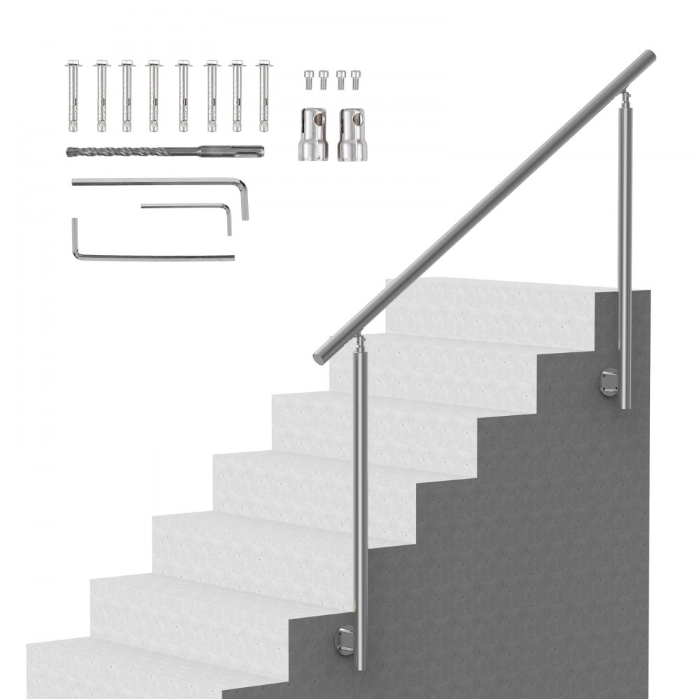 VEVOR Handläufe für Außentreppen, 150 cm langes Treppengeländer-Set, Übergangsgeländer aus Edelstahl mit Montagesatz, doppelsäulige Treppenhandläufe für Senioren, Veranda und Terrasse, seitliche Montage