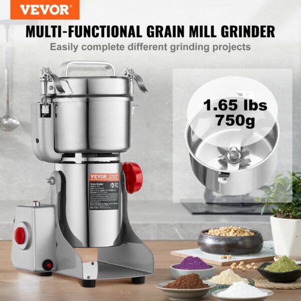 VEVOR 750g elektrische Getreidemühle, Hochgeschwindigkeits-Gewürzmühlen mit 2000 W, Pulverisiermaschine aus Edelstahl, für trockene Körner, Gewürze, Müsli, Kaffee, Mais, Pfeffer, Schwenktyp – Bild 2