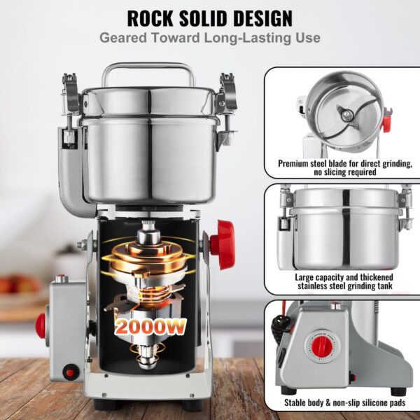 VEVOR 750g elektrische Getreidemühle, Hochgeschwindigkeits-Gewürzmühlen mit 2000 W, Pulverisiermaschine aus Edelstahl, für trockene Körner, Gewürze, Müsli, Kaffee, Mais, Pfeffer, Schwenktyp – Bild 3
