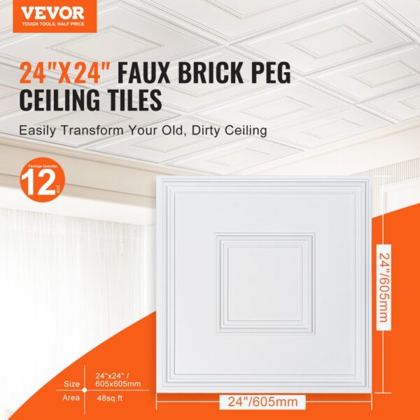 VEVOR Deckenfliesen, 12er-Pack 24 x 24 Zoll, abgehängte Deckenfliesen aus hochwertigem PVC-Blatt, einfache Installation/Zuschneiden, Kunststoff-Deckenfliesen zum Aufkleben, Deckenverkleidung für die Dekoration zu Hause/im Büro, weiß geometrisch – Bild 2
