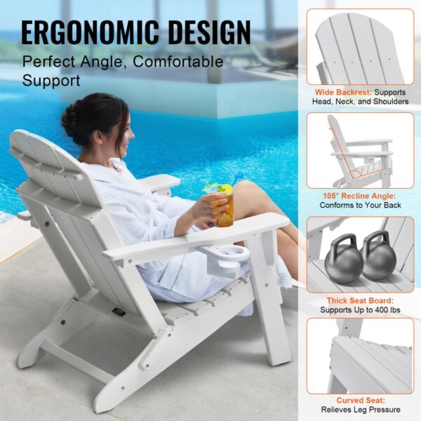 VEVOR Adirondack-Stuhl aus Kunststoff, 2er-Set, wetterfest, tragbar, klappbar, Feuerstellenstuhl, Adirondack-Terrassenstuhl für den Außenbereich mit Getränkehalter, mit entspannender Armlehne, ergonomisch, für Garten, Hinterhof – Weiß – Bild 4