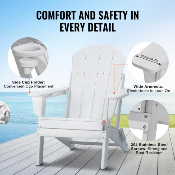 VEVOR Adirondack-Stuhl aus Kunststoff, 2er-Set, wetterfest, tragbar, klappbar, Feuerstellenstuhl, Adirondack-Terrassenstuhl für den Außenbereich mit Getränkehalter, mit entspannender Armlehne, ergonomisch, für Garten, Hinterhof – Weiß – Bild 5