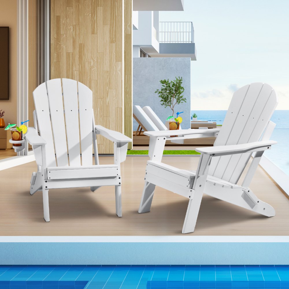 VEVOR Adirondack-Stuhl aus Kunststoff, 2er-Set, wetterfest, tragbar, klappbar, Feuerstellenstuhl, Adirondack-Terrassenstuhl für den Außenbereich mit Getränkehalter, mit entspannender Armlehne, ergonomisch, für Garten, Hinterhof – Weiß