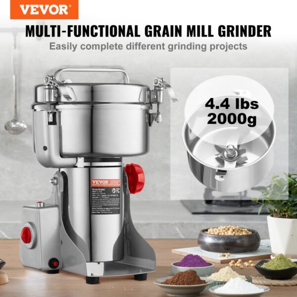 VEVOR elektrische Getreidemühle Hochgeschwindigkeits-Gewürzmühle 2 kg 3400 W, Pulverisiermaschine aus Edelstahl, für trockene Körner Gewürze Müsli Kaffee Mais Pfeffer, Schwenktyp 24 x 23 x 38 cm – Bild 2