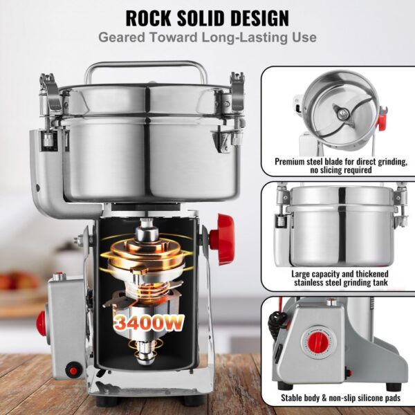 VEVOR elektrische Getreidemühle Hochgeschwindigkeits-Gewürzmühle 2 kg 3400 W, Pulverisiermaschine aus Edelstahl, für trockene Körner Gewürze Müsli Kaffee Mais Pfeffer, Schwenktyp 24 x 23 x 38 cm – Bild 3