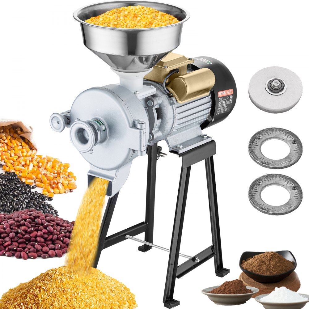 VEVOR Getreidemühle Gewürzmühle 3 kW, kommerzielle Maismühle mit Trichter, Pulvermaschine mit einstellbarer Stärke, Hochleistungs-Futtermehl-Müslimühle Weizenmühle Trocken- und Nassmühle 50 kg/h