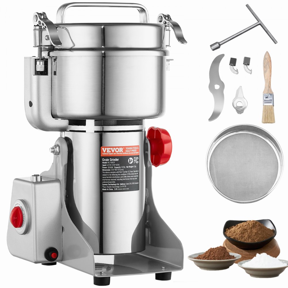VEVOR Elektrische Getreidemühle, 1000 g, Hochgeschwindigkeits-Gewürzmühle mit 3000 W, gewerbliche Gewürzmühle, Pulverisiermaschine aus Edelstahl, für trockene Körner, Gewürze, Müsli, Kaffee, Mais, Pfeffer, Schwenktyp