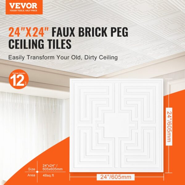 VEVOR Deckenfliesen, 12er-Pack 24 x 24 Zoll, abgehängte Deckenfliesen aus hochwertigem PVC-Blatt, einfache Installation/Zuschneiden, Kunststoff-Deckenfliesen zum Aufkleben, Deckenverkleidung für Heim-/Bürodekoration, weißes Echo-Muster – Bild 2