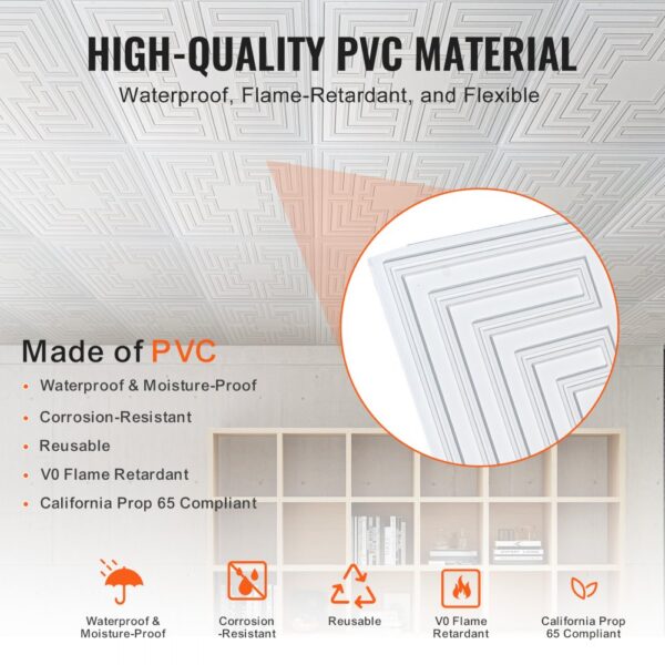 VEVOR Deckenfliesen, 12er-Pack 24 x 24 Zoll, abgehängte Deckenfliesen aus hochwertigem PVC-Blatt, einfache Installation/Zuschneiden, Kunststoff-Deckenfliesen zum Aufkleben, Deckenverkleidung für Heim-/Bürodekoration, weißes Echo-Muster – Bild 3