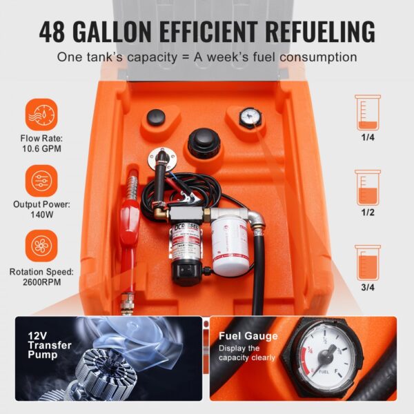 VEVOR Mobiler Dieselbehälter, 48 Gallonen Fassungsvermögen, 10,6 GPM Pumpengeschwindigkeit, inkl. 12 V Elektropumpe, 13,1 ft Schlauch und automatischer Düse, orangefarbener Dieselkraftstofftank für reibungslosen Transport – Bild 3