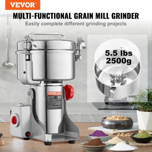 VEVOR elektrische Getreidemühle Hochgeschwindigkeits-Maismühle 2500 g 3400 W, Pulverisiermaschine aus Edelstahl, für trockene Körner Gewürze Müsli Kaffee Mais Pfeffer Schwenktyp 24 x 23 x 39 cm – Bild 2
