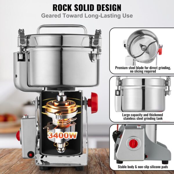 VEVOR elektrische Getreidemühle Hochgeschwindigkeits-Maismühle 2500 g 3400 W, Pulverisiermaschine aus Edelstahl, für trockene Körner Gewürze Müsli Kaffee Mais Pfeffer Schwenktyp 24 x 23 x 39 cm – Bild 3