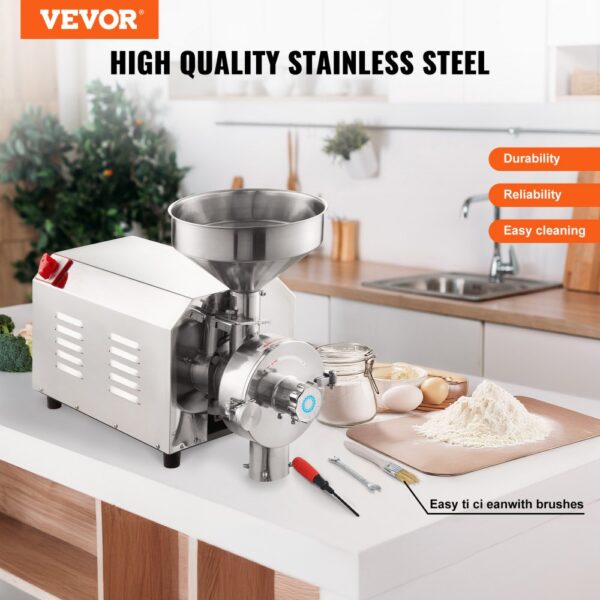 VEVOR Sojabohnenmühle kommerzielle Mahlmaschine für Gewürze 3000 W, 100 kg/h Effizienz Edelstahl-Maismühle, industrielle Mehlmühle für Pfeffer Sojabohnen Erdnüsse Maiskörner 605 x 290 x 460 mm – Bild 2
