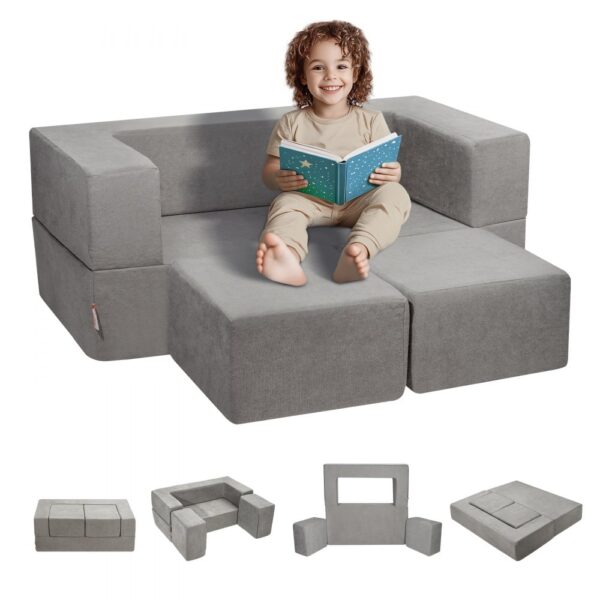 VEVOR Spielsofa Kindersofa aus Chenille-Stoff Bausteine 4-teilig, Kinderspielsofa mit abnehmbarem Bezug 90 kg belastbar, umwandelbares Kindersofa Spielzimmermöbel zum Schlafen Lesen Dunkelgrau