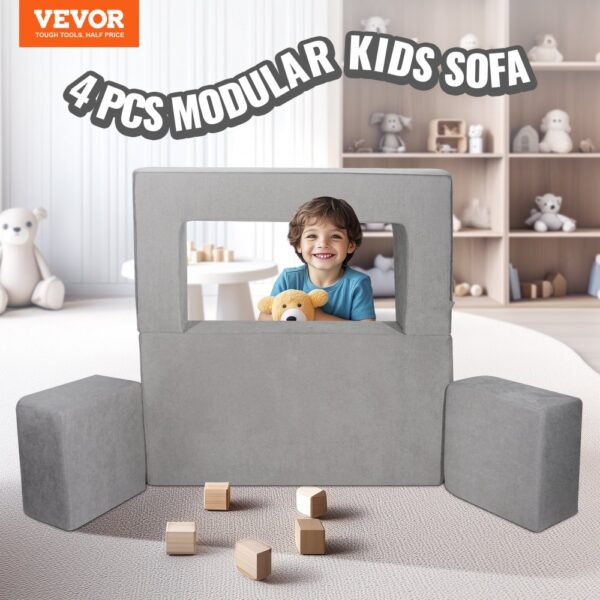 VEVOR Spielsofa Kindersofa aus Chenille-Stoff Bausteine 4-teilig, Kinderspielsofa mit abnehmbarem Bezug 90 kg belastbar, umwandelbares Kindersofa Spielzimmermöbel zum Schlafen Lesen Dunkelgrau – Bild 2