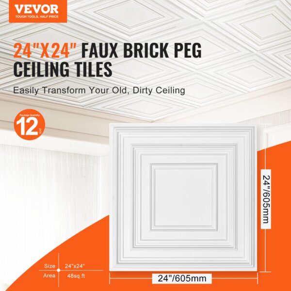 VEVOR Deckenfliesen, 12er-Pack 24 x 24 Zoll, abgehängte Deckenfliesen aus hochwertigem PVC-Blatt, einfache Installation/Zuschneiden, Kunststoff-Deckenfliesen zum Aufkleben, Deckenverkleidung für Heim-/Bürodekoration, weißes Stiftmuster – Bild 2