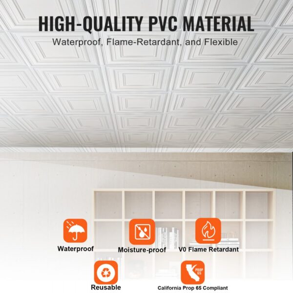 VEVOR Deckenfliesen, 12er-Pack 24 x 24 Zoll, abgehängte Deckenfliesen aus hochwertigem PVC-Blatt, einfache Installation/Zuschneiden, Kunststoff-Deckenfliesen zum Aufkleben, Deckenverkleidung für Heim-/Bürodekoration, weißes Stiftmuster – Bild 3