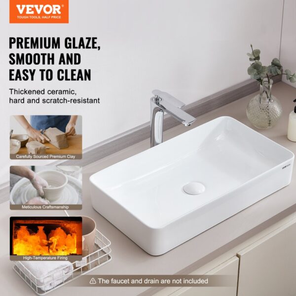 VEVOR Rechteckiges Aufsatzwaschbecken, 61 x 35 cm, Badezimmer-Aufsatzwaschbecken, weißes Keramik-Waschbecken über der Theke, moderner Stil, hell und elegant, gut verpackt für Badezimmer, Hotel, Toilette, Wohnmobil – Bild 2