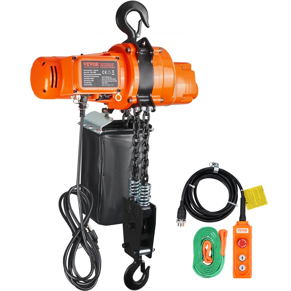 VEVOR Elektrischer Kettenzug, 998 kg Tragkraft, 3 m Hubhöhe, Seilhebezug, einphasige elektrische Seilwinde mit G80-Kette, 3 m Kabelfernbedienung, Ideal für Garagen, Geschäfte, Hotels