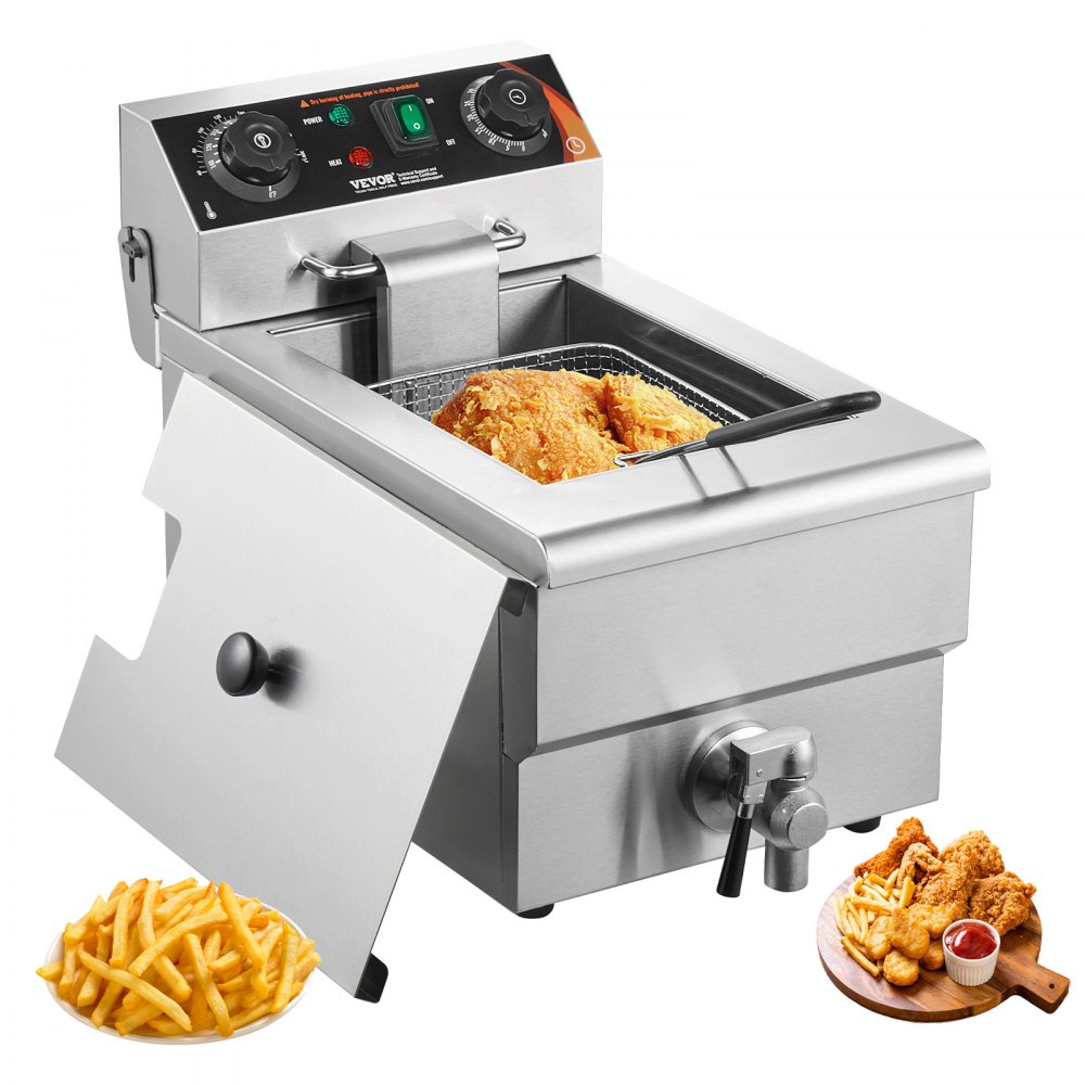 VEVOR kommerzielle Fritteuse, 1500 W elektrische Fritteuse mit Korb, 9 L Edelstahl Fritteuse mit Zeit- und Temperaturkontrolle, Überhitzungsschutz, Fritteuse für Küche Restaurant Café Bar