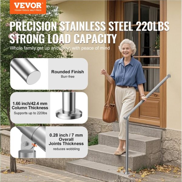 VEVOR Handläufe für Außentreppen, 100 cm Terrassengeländer-Set zur Wand- und Bodenmontage, Silber – Bild 2