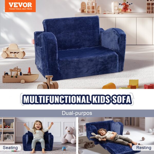 VEVOR Kindersofa 2 in 1 umwandelbares Kindersofa zum Liegestuhl, ausklappbarer Kindersofa-Sessel, Kleinkind Armlehnenstuhl-Bett, zusammenklappbares Kinderspielsofa, Kindercouch Blau 104 x 58 x 32 cm – Bild 2
