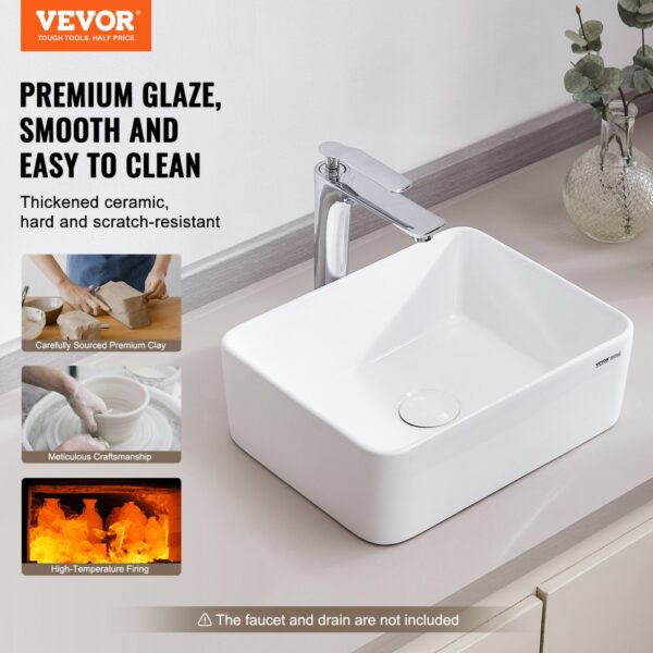 VEVOR Rechteckiges Aufsatzwaschbecken Waschbecken, 406 x 305 x 133 mm, Badezimmer-Aufsatzwaschbecken über der Theke, Keramikwaschbecken moderner Stil, für Toiletten, Hotels, Restaurants, helles Weiß – Bild 2