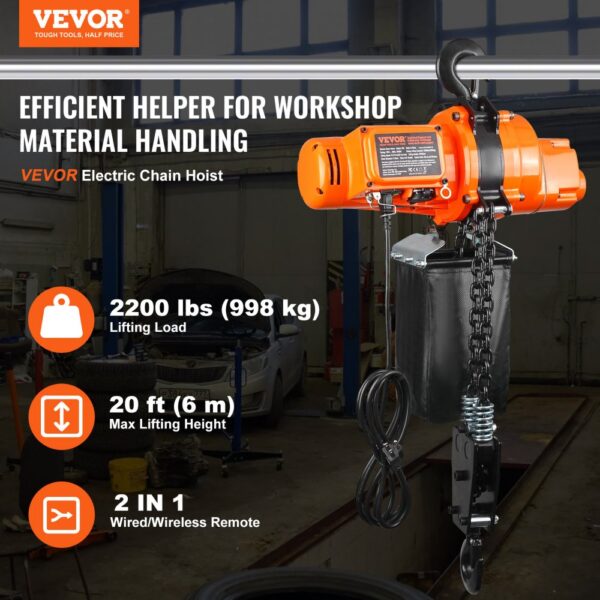 VEVOR Elektrischer Kettenzug, 998 kg Tragkraft, 6 m Hubhöhe, 11.500 U/min, Hebezug mit Kette, 100 m kabellose und 4,5 m kabelgebundene Fernbedienung, Seilwinde für Garage, Werkstatt und Zuhause – Bild 2
