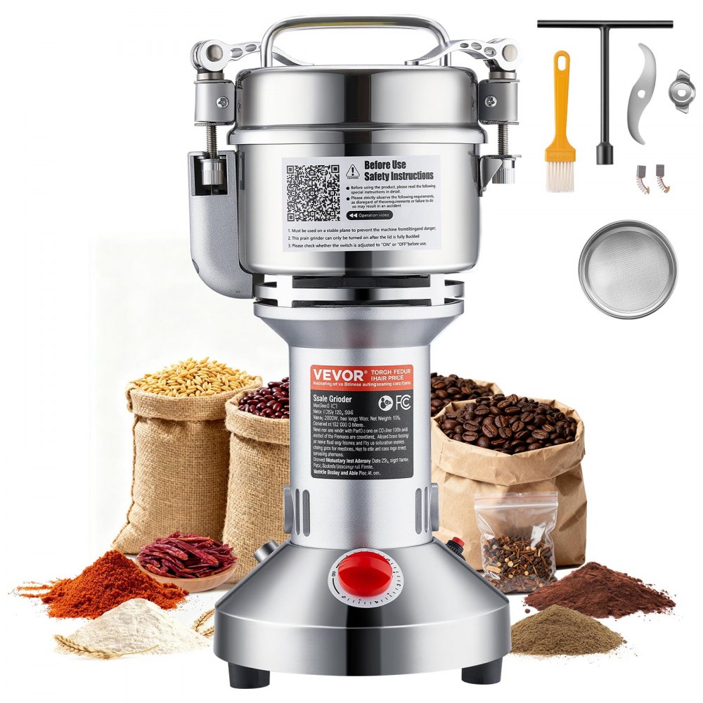 VEVOR elektrische Getreidemühle Hochgeschwindigkeits-Gewürzmühlen 1500 W 300 g, Pulverisiermaschine aus Edelstahl, für trockene Körner Gewürze Müsli Kaffee Mais Pfeffer Silber 180 x 160 x 355 mm