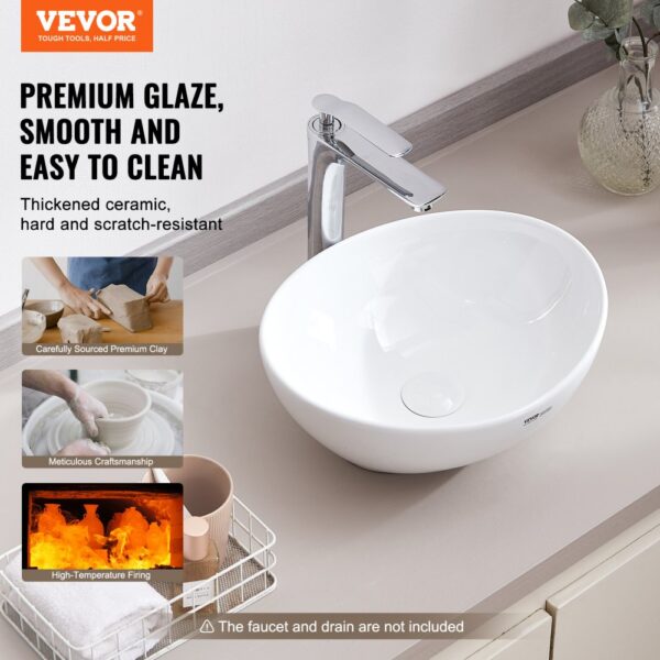 VEVOR Ovales Aufsatzwaschbecken Waschbecken, 409 x 341 x 144 mm, Badezimmer-Aufsatzwaschbecken über der Theke, Keramikwaschbecken moderner Stil, für Toiletten, Hotels, Restaurants, helles Weiß – Bild 2