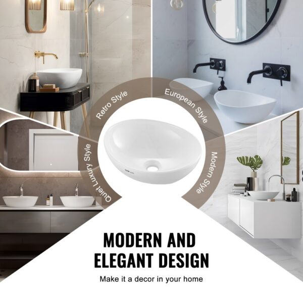 VEVOR Ovales Aufsatzwaschbecken Waschbecken, 409 x 341 x 144 mm, Badezimmer-Aufsatzwaschbecken über der Theke, Keramikwaschbecken moderner Stil, für Toiletten, Hotels, Restaurants, helles Weiß – Bild 5