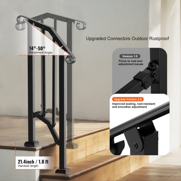 VEVOR Handläufe für Außentreppen, 1–2-stufiges Treppenhandlauf-Set, Übergangsgeländer aus Karbonstahl mit Montagesatz, Treppengeländer für Senioren, Betonstufen & Veranda & Deck, schwarzer Retro-Bogen – Bild 3